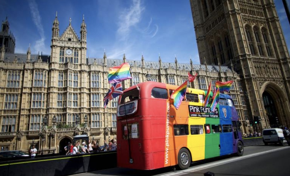 Rainbow bus on the streets of London